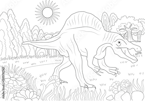 Spinosaurus Dinosaur Line Art Illustration, Black and white line art illustration of a Spinosaurus dinosaur in a prehistoric landscape with trees, plants, rocks, and sun. Ideal as a coloring page or 