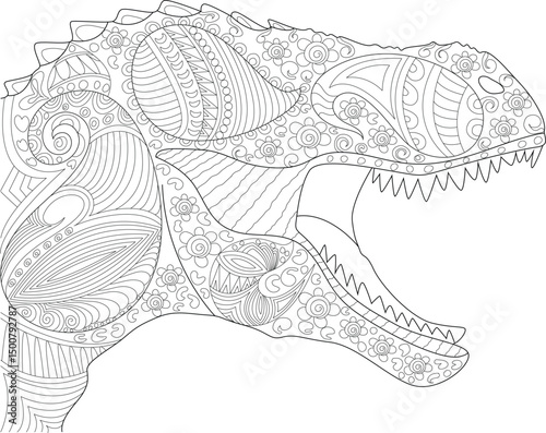 Zentangle Stylized Dinosaur Head for Coloring, Highly detailed line art drawing of a dinosaur head, filled with intricate zentangle and mandala-inspired patterns. Ideal for adult coloring books, 
