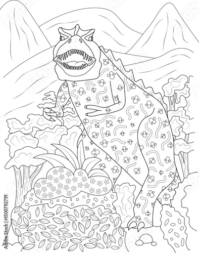 Roaring Dinosaur Prehistoric Landscape Coloring Page, Black and white outline illustration of a large theropod dinosaur roaring in a prehistoric jungle landscape with mountains in the background. 