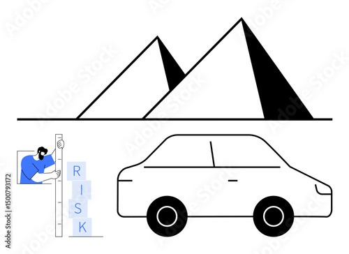 Car illustration alongside pyramids, man assessing risk blocks. Ideal for business analysis, travel, risk management, journey planning, decision-making, metrics, and simple landing page