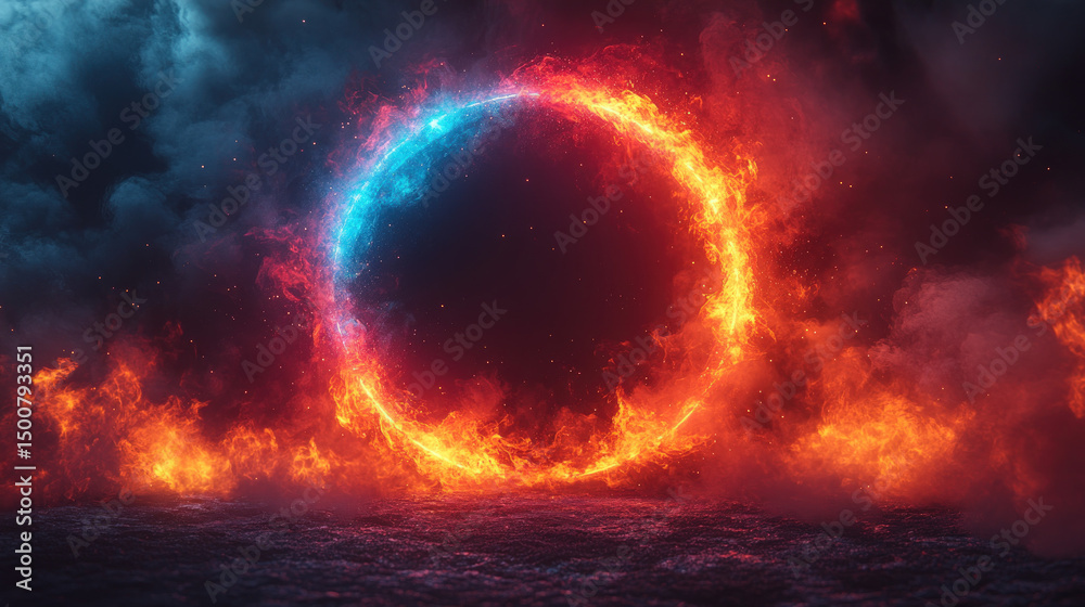 Obraz premium Fiery circle portal, red and blue flames, dark background