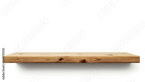 Wooden Shelf Floating on White Background: A solitary wooden shelf, its natural grain and texture exuding warmth and rustic charm, floats against a clean background.