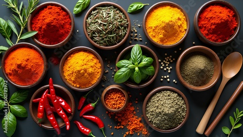 Aromatic Spice Symphony: An array of vibrant spices and herbs, meticulously arranged in wooden bowls, create a visual feast of flavors, complemented by fresh greens and wooden spoons.