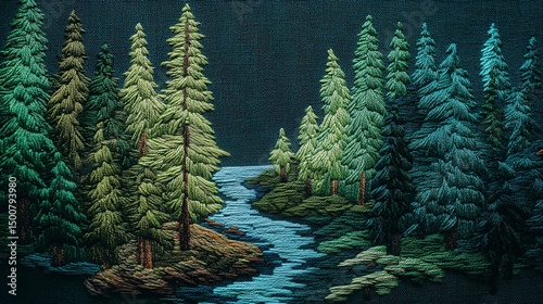 Needlework depiction of pine forest with gentle stream, perfect for rustic embroidery art and calming woodland decoration.