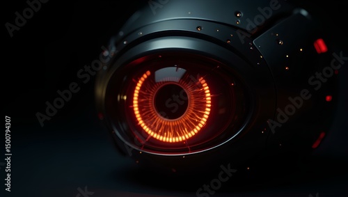 Cybernetic Eye: Close-up of a futuristic, mechanical eye, emitting a captivating red glow, hints at advanced technology and the potential of artificial intelligence.