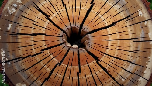 Cross-Section of a Tree Trunk: A detailed close-up of a tree trunk's cross-section, revealing its intricate rings and radial cracks, showcasing the tree's age and history.