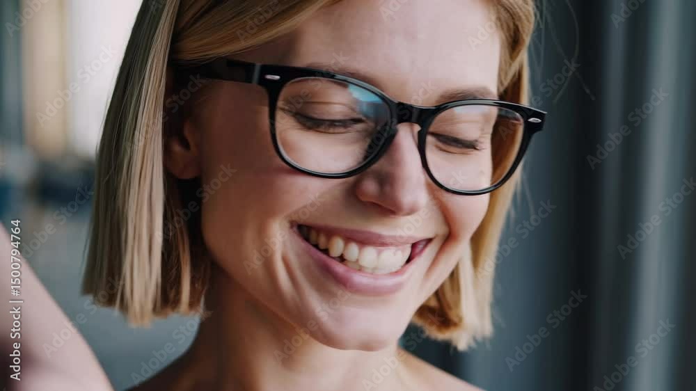 Young Caucasian woman with blond hair and glasses smiling indoors, close-up portrait, positive expression, casual setting, lifestyle concept. Young Caucasian woman with blond hair and glasses smiling indoors, close-up portrait, positive expression, casual setting, lifestyle concept.