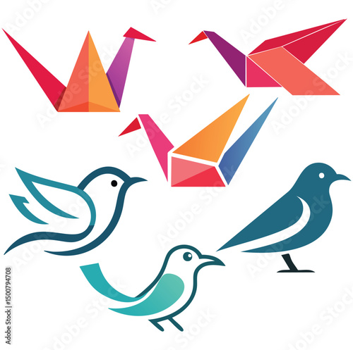 Colorful origami birds and abstract bird designs