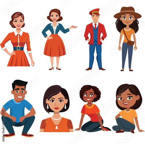 Diverse group of cartoon people posing in various outfits