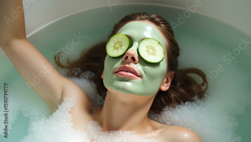 Serene Spa Day: A woman indulges in a relaxing spa experience, complete with a revitalizing face mask, cucumber slices for her eyes, and a luxurious bath, embodying the essence of self-care.
