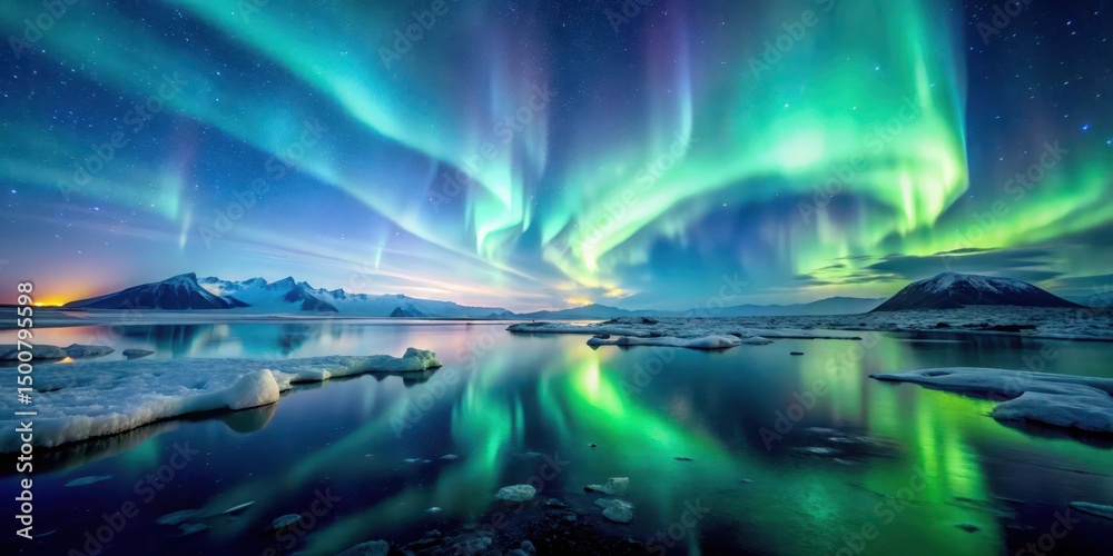 Fototapeta premium A Serene Glacial Lake Reflects the Vibrant Hues of the Northern Lights Under a Starry Sky
