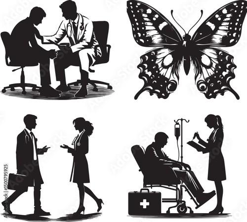 Black and white illustration featuring medical professionals and a butterfly design