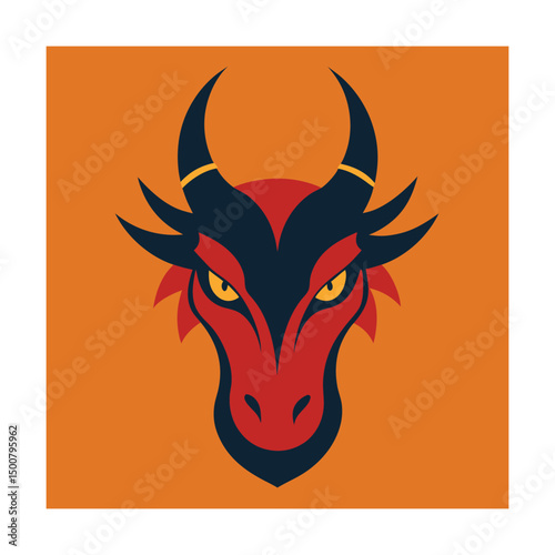 Fierce dragon head depicted with horns and intense stare on a vibrant orange background