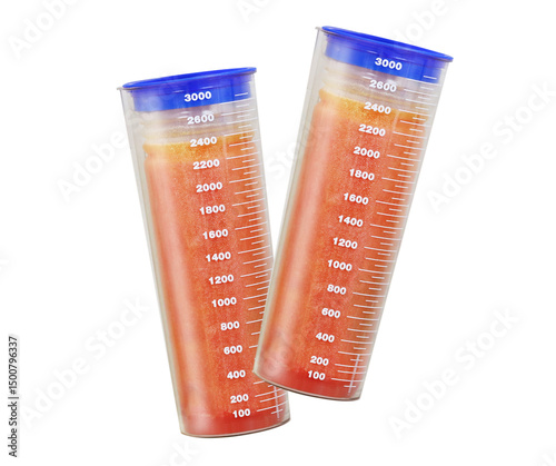Close-up of a transparent canister filled with fat and fluids from a liposuction procedure, marked with volume measurements.
