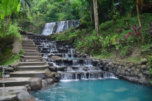 Cascading waterfall with stone steps