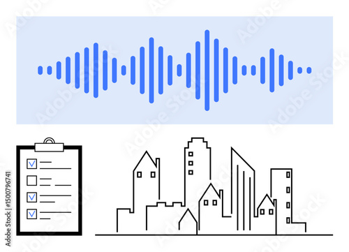 Blue soundwave, checklist with marked tasks, and urban skyline outline merge innovation, productivity, and modern infrastructure. Ideal for technology, organization, city planning, creativity