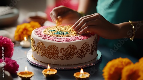 Cake decorator designing a bright and colorful cake for a Diwali celebration with intricate henna patterns and gold accents surrounded by diyas and marigold flowers to reflect the festival of lights