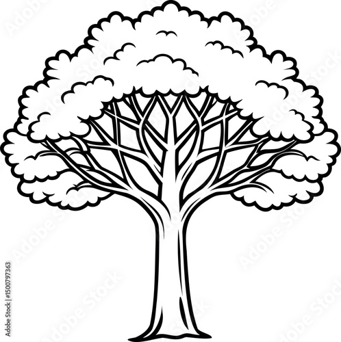 Modern black line art vector of a stylized tree. Features a balanced, wide canopy, a firm trunk, and clear internal details. Excellent for use as an icon, logo, or decorative element.