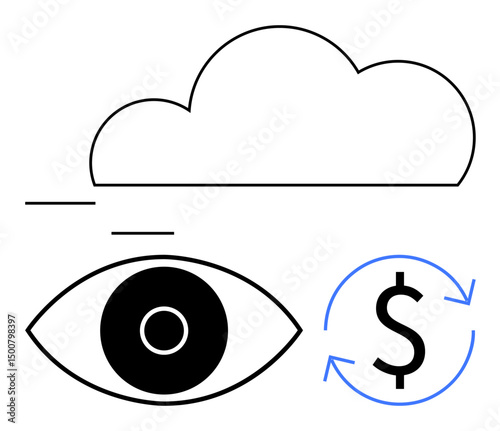 Cloud connected to a circular dollar sign and a graphical eye. Ideal for technology, finance innovation, data visualization, cloud economy, subscription models, digital transformation, simple landing