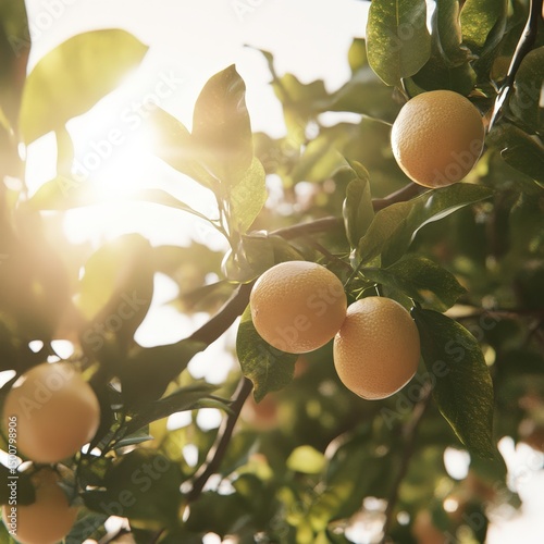 Oranges hanging on a branch in sunlight