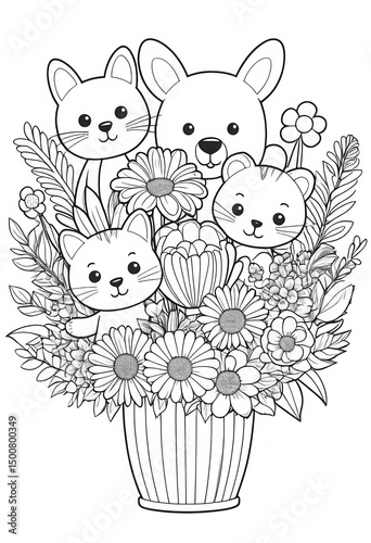 Adorable Animals in a Flower Bouquet Free Printable Coloring Page