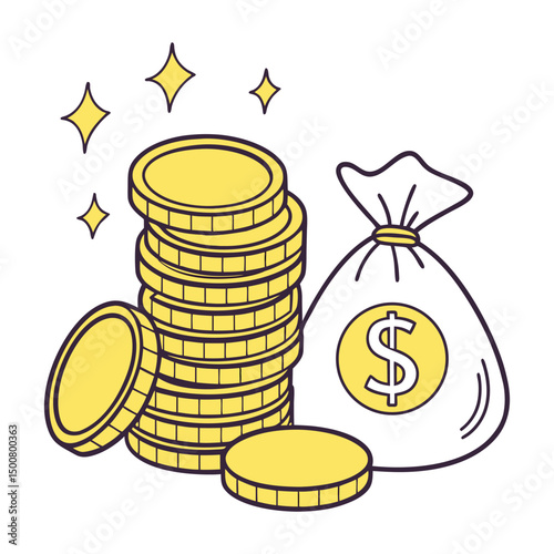 Stack of Gold Coins with Money Bag and Dollar Symbol, Wealth Finance Illustration for Investment, Business Apps, or Savings Concepts