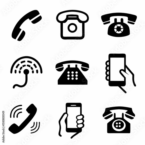 Black and White Phone Icons Set – Smartphone, Landline, Rotary, and Communication Symbols