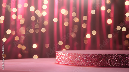 Pink Glitter Podium: Elegant pink glitter podium with bokeh lights background, perfect for product display or presentation.