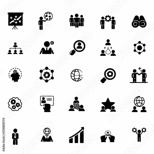Business and Teamwork Icon Set – 25 Black-and-White Symbols for Performance, Management, and Collaboration SVG