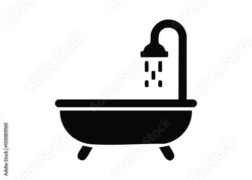 Minimalist black and white vector icon of a bathtub with shower head and running water