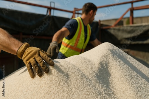 Salt pile worker wearing gloves and safety vest moves materials, with a truck bed background in bright daylight