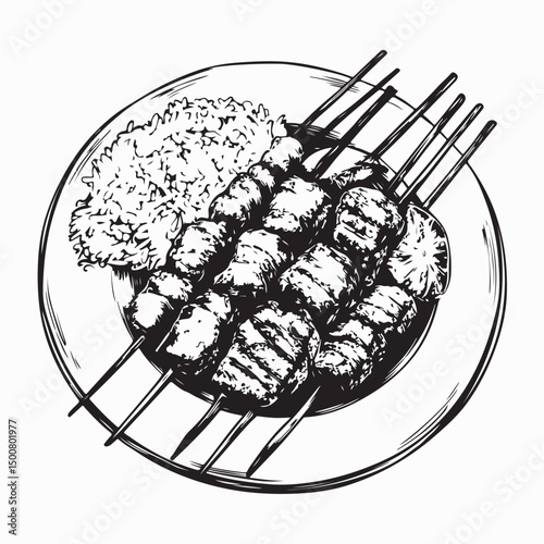 Satay Chicken Rice Vector Image Isolated on white background.