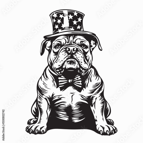 English Bulldog In Uncle Sam Hat And Bow Tie Image vector isolated on white background.