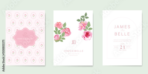 Elegant wedding invitation card vector. Minimal hand painted watercolor rose flowers texture template background. Design illustration for wedding, vip cover, poster, rsvp modern card.