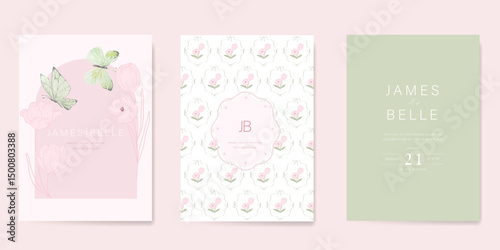 Elegant wedding invitation card vector. Minimal hand painted watercolor tulip flowers and butterfly texture template background. Design illustration for wedding, vip cover, poster, rsvp modern card.
