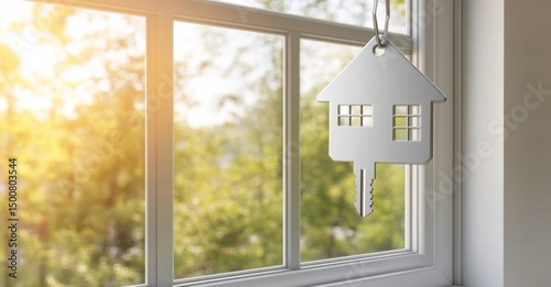 An image of a house-shaped keychain and keys set against a blurred window background