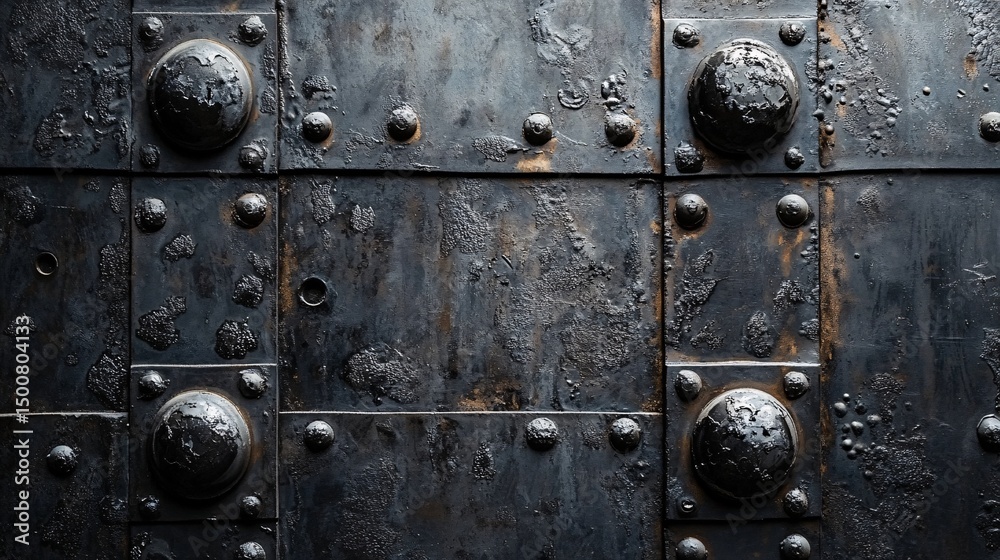 Fototapeta premium Close-up of an ancient black metal fortress door with large rivets and a weathered, textured surface showcasing strength and time