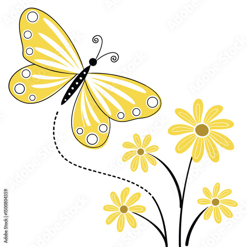 A graceful yellow butterfly flutters above golden daisies, trailing a dotted path through the air. This playful, minimalist illustration captures the lightness and joy of springtime in a charming 