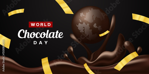 World Chocolate Day. Chocolate and ribbon. Great for posters, banners and social media. Black background.