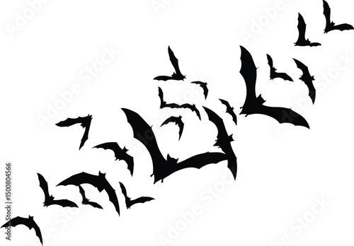 bats, flock of bats, flying bats, dark silhouettes, Halloween, spooky, night sky, black and white
