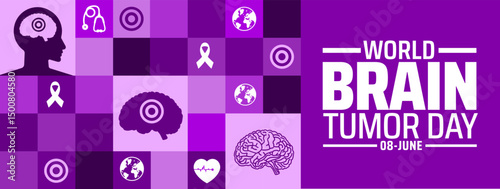 World Brain Tumor Day geometric shape pattern Banner or background. June 8th Awareness Illustration with Brain Silhouette and Red Target. Use to any Template, card, poster, placard, template.