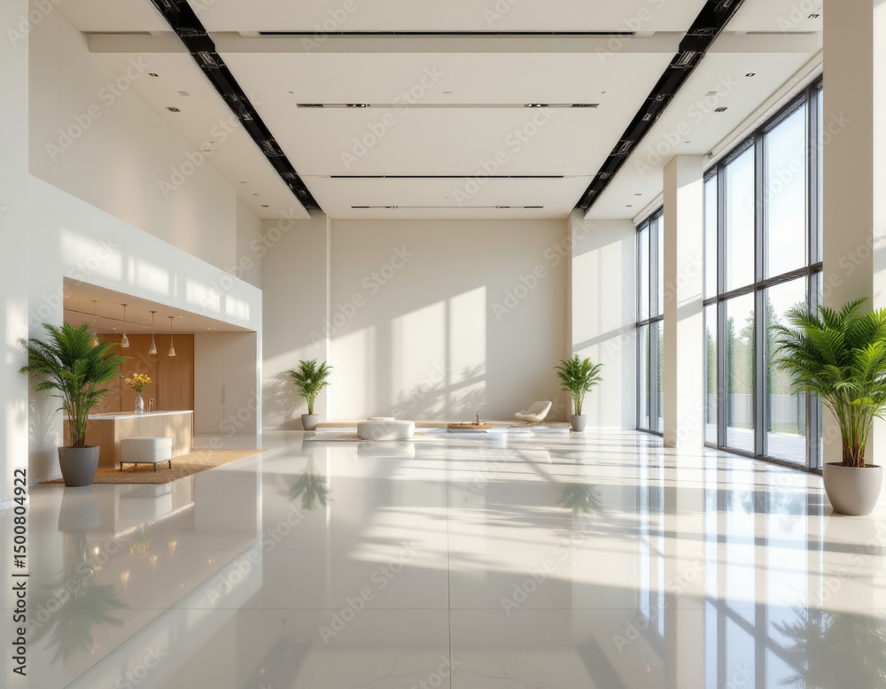 Fototapeta premium Modern spacious lobby with large windows and natural light, featuring plants and minimalist