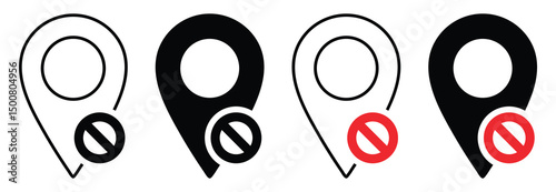 No GPS and Disabled Location Icon Set – Prohibited and Invalid Map Pin Vector Symbols, vector illustration.location, direction, map, vector, icon, no, global positioning system, pin, navigation, signs