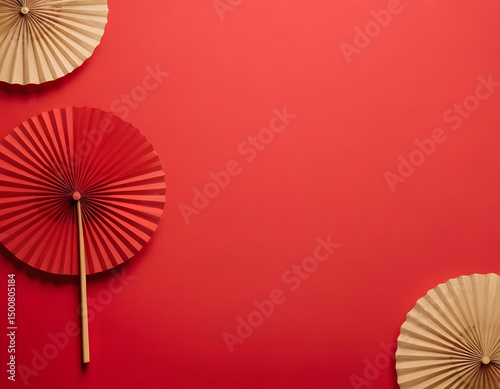 Chinese New Year celebration. Banner design with red paper fan decorations on a red background. A new year celebration.  Red Chinese fan on a wooden background,