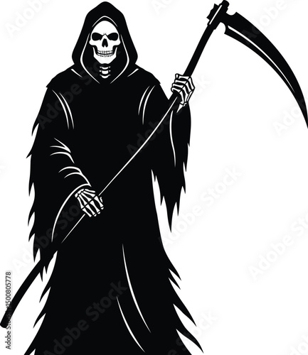 spooky grim reaper in dark robes, menacing figure with scythe, skeletal death personification, surreal black and white illustration, gothic art, creepy and ominous atmosphere, highly detailed vector g