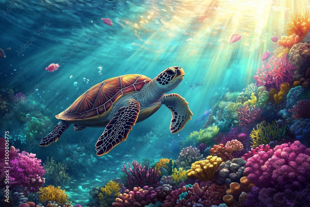 Obraz premium A sea turtle glides through clear ocean waters over a vibrant coral reef, bathed in sunlight streaming from above