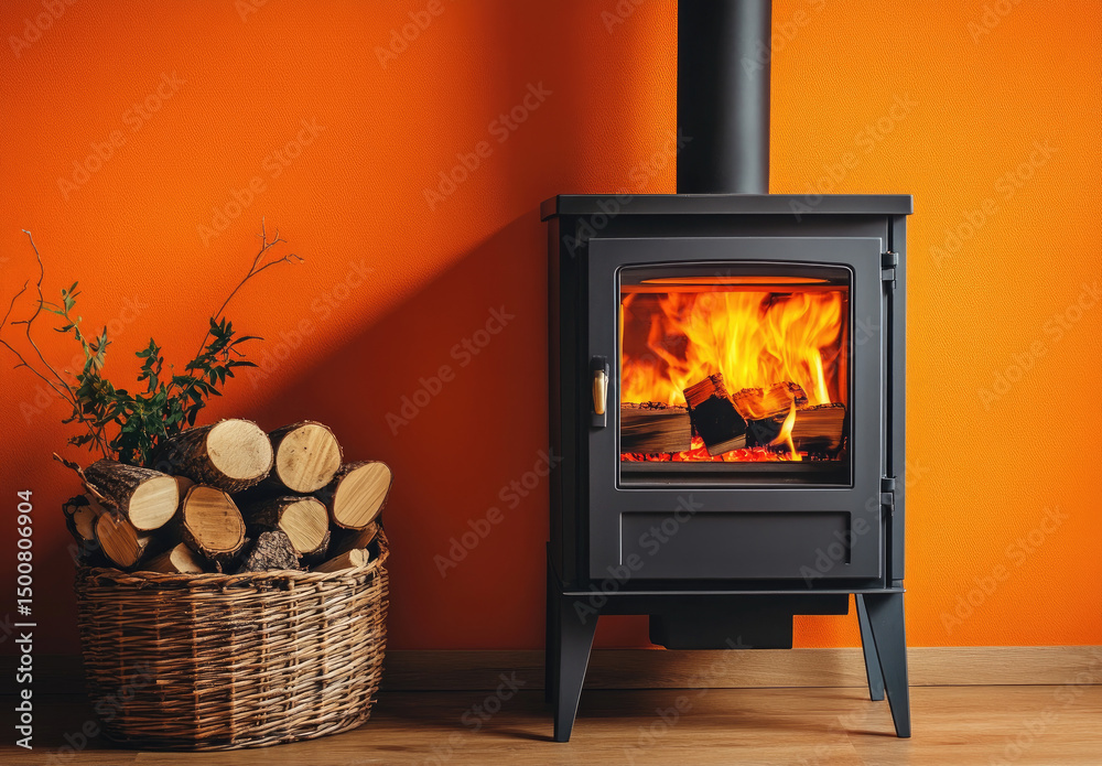 A modern wood-burning stove with a vibrant orange wall backdrop, featuring a wicker basket of firewood and a small plant adding to the cozy autumnal scene A modern wood-burning stove with a vibrant orange wall backdrop, featuring a wicker basket of firewood and a small plant adding to the cozy autumnal scene