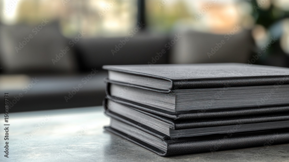 Stack of black leather photo albums on table close up Stack of black leather photo albums on table close up