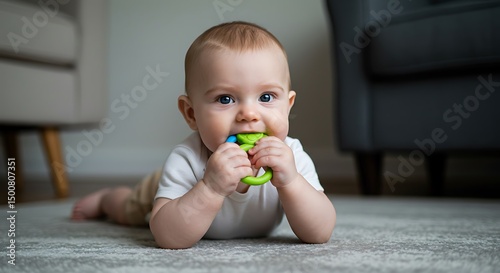 Baby, portrait and playing with toy on floor in home for sensory development, teething progress and biting. Infant, person and silicone ring in mouth for tooth growth, gums satisfaction and chewing