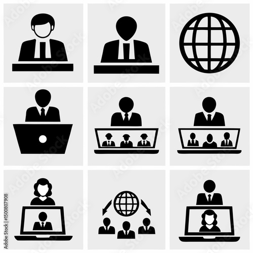 Online Communication and Remote Work Icon Set – Black and White Business, Laptop, and Collaboration Symbols SVG
